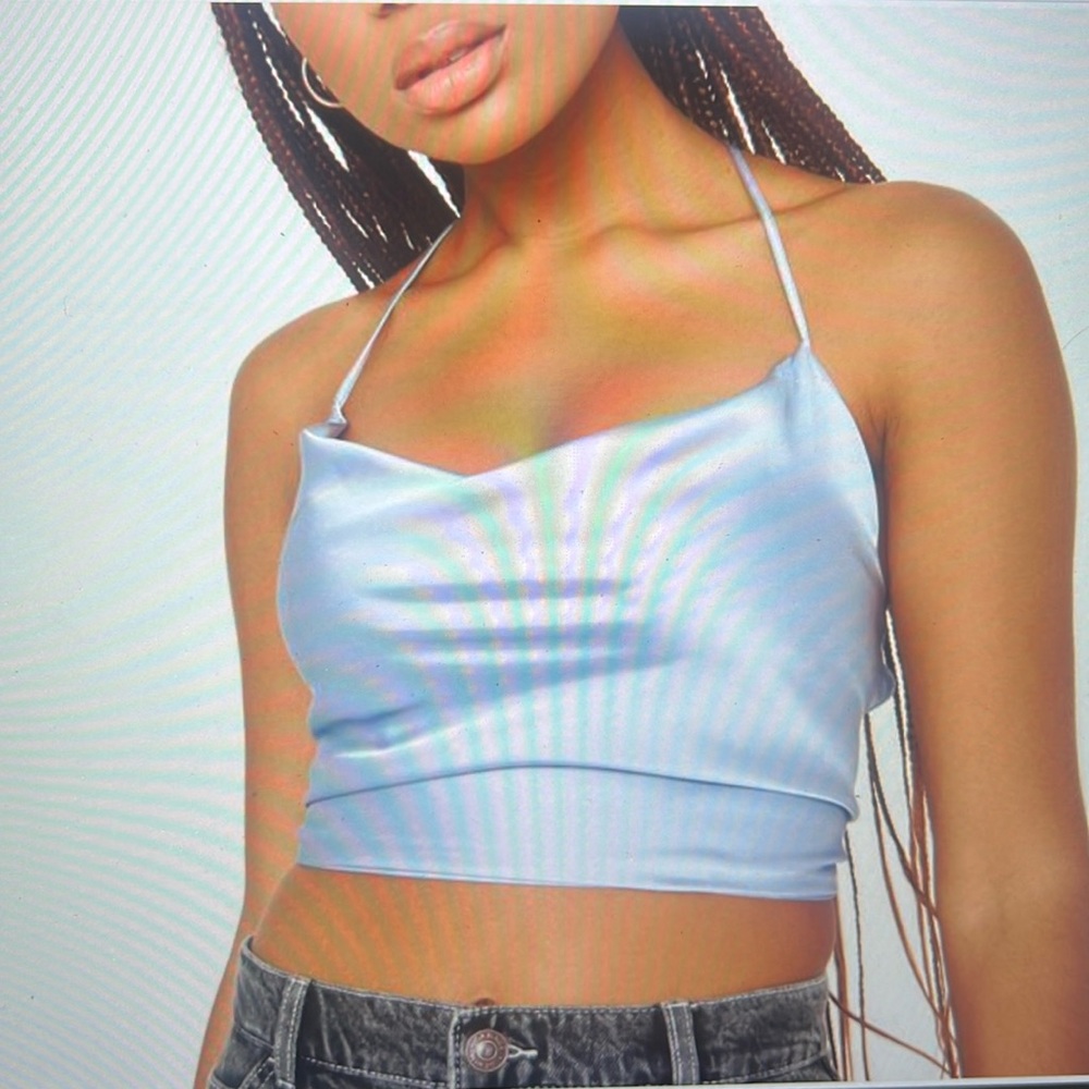 NWT - Garage Clothing: Sexy Cowl Neck Cropped Cami in Light Blue Satin - Size M